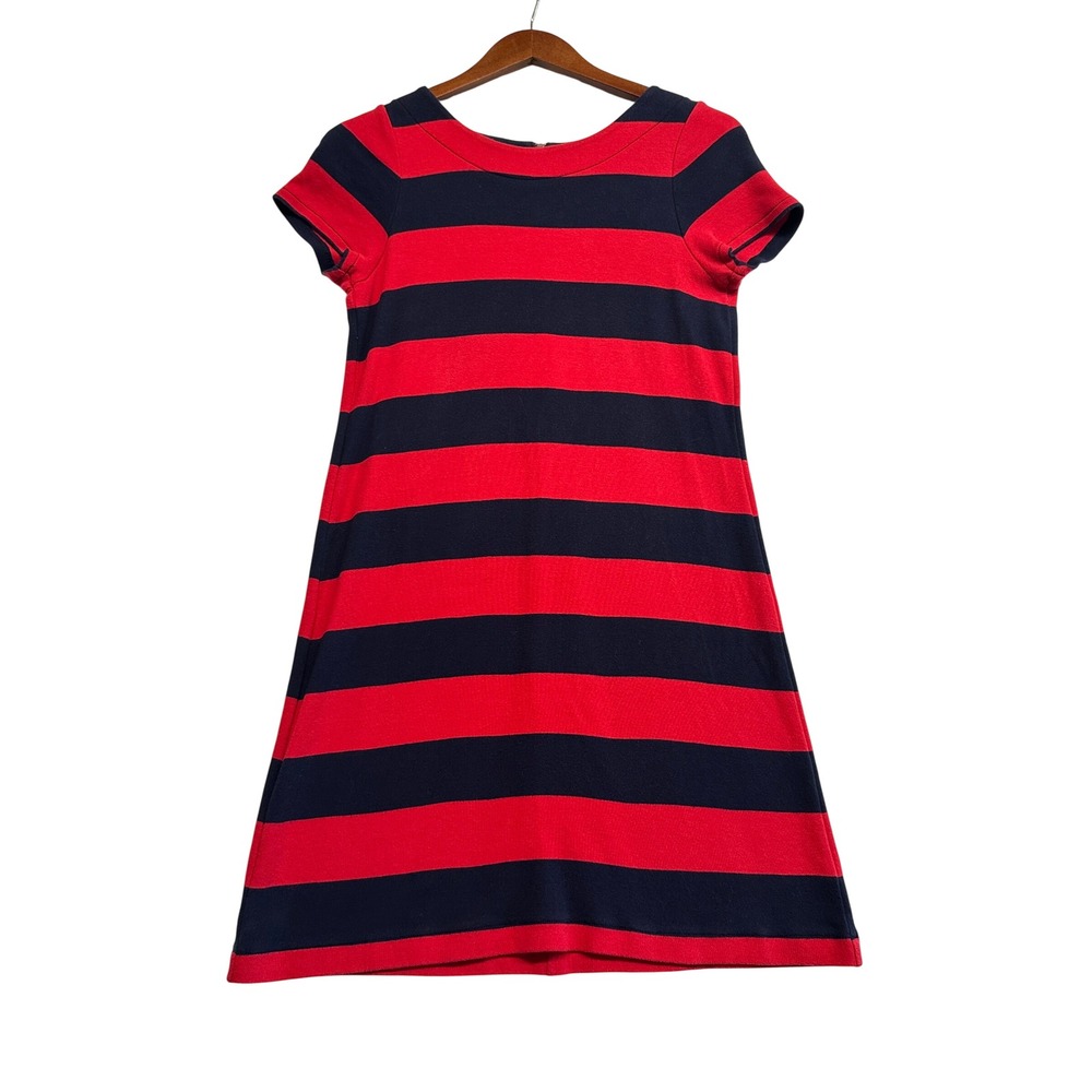 Talbots Petites Red Navy Blue Striped Cotton Shift Dress Short Sleeve Size SP